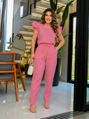 Conjunto Feminino de Linho Blusa Plissada e Calça Reta