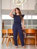 Conjunto Feminino de Linho Blusa Plissada e Calça Reta